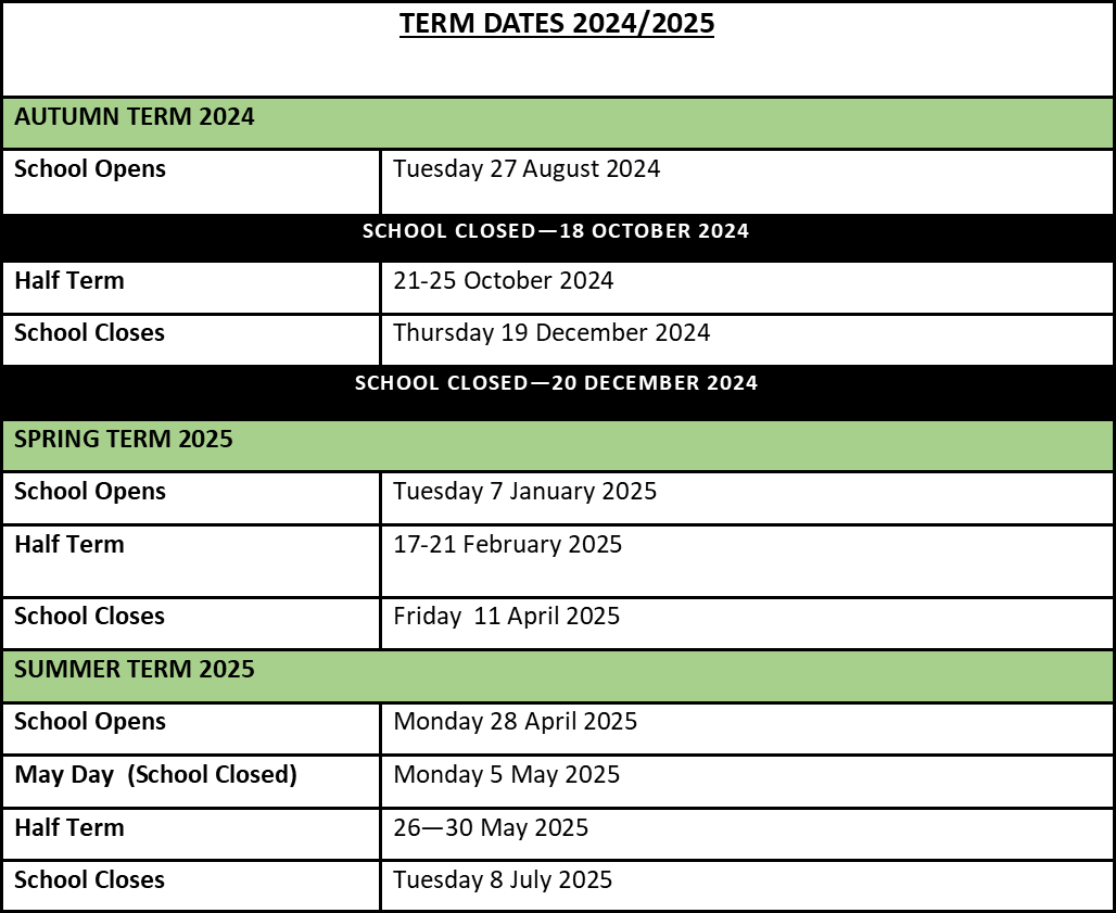 Term Dates 2024/25 Parkland Primary School